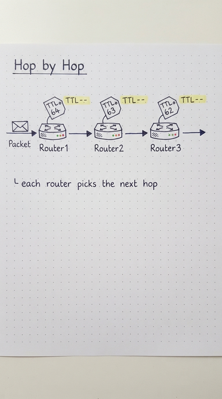 A packet crossing routers with TTL decrementing 64, 63, 62.