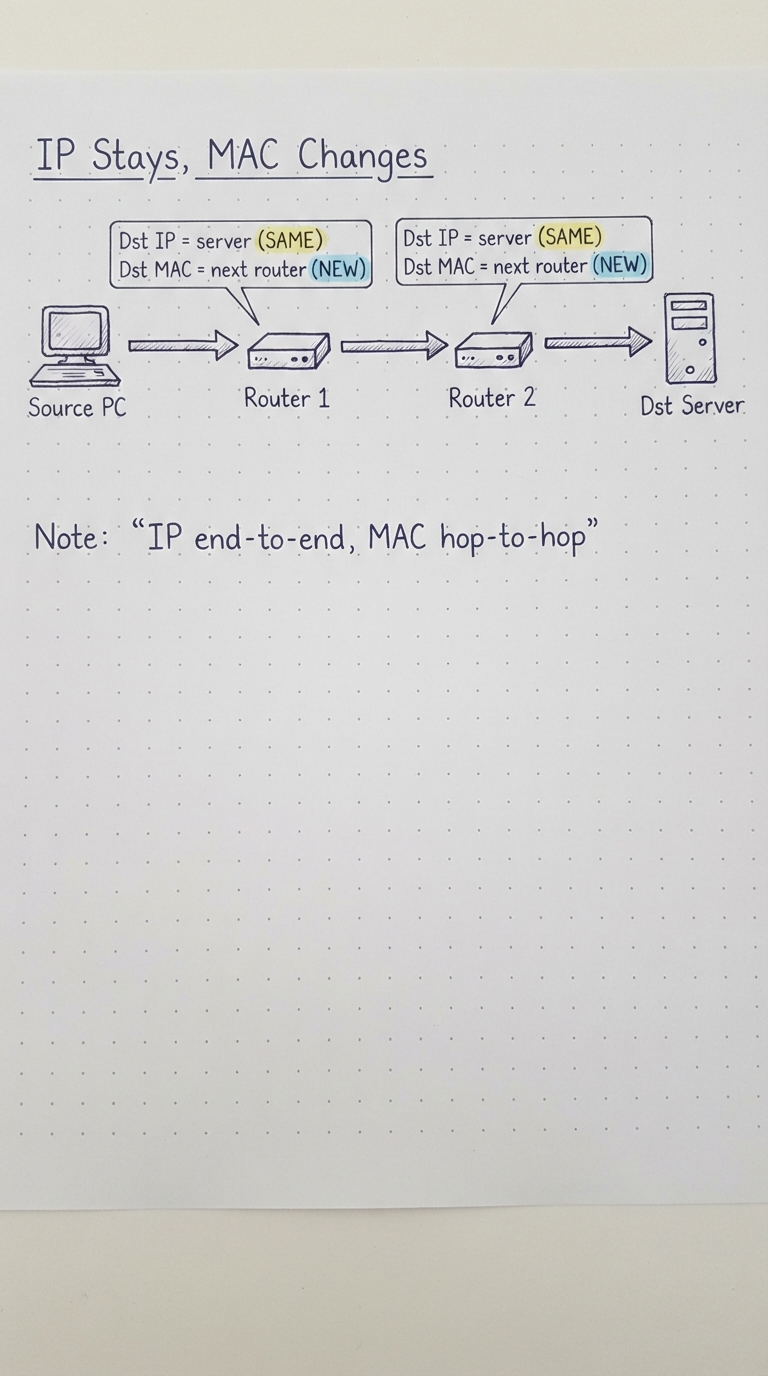 At each hop the destination IP stays the same but the destination MAC becomes the next router.