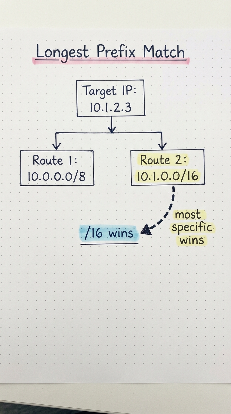 Target 10.1.2.3 matching /16 over /8 — most specific route wins.