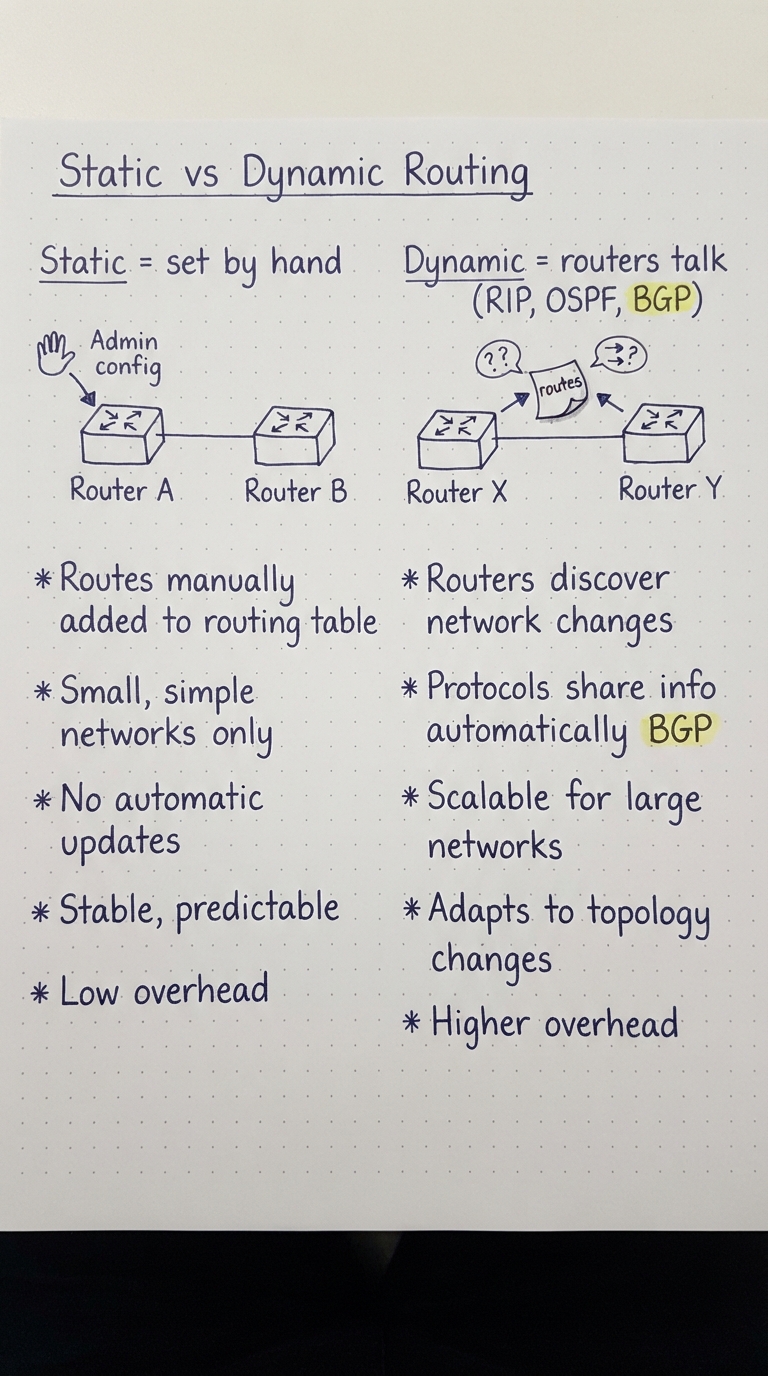 Static routes set by hand vs dynamic routing via RIP/OSPF/BGP.