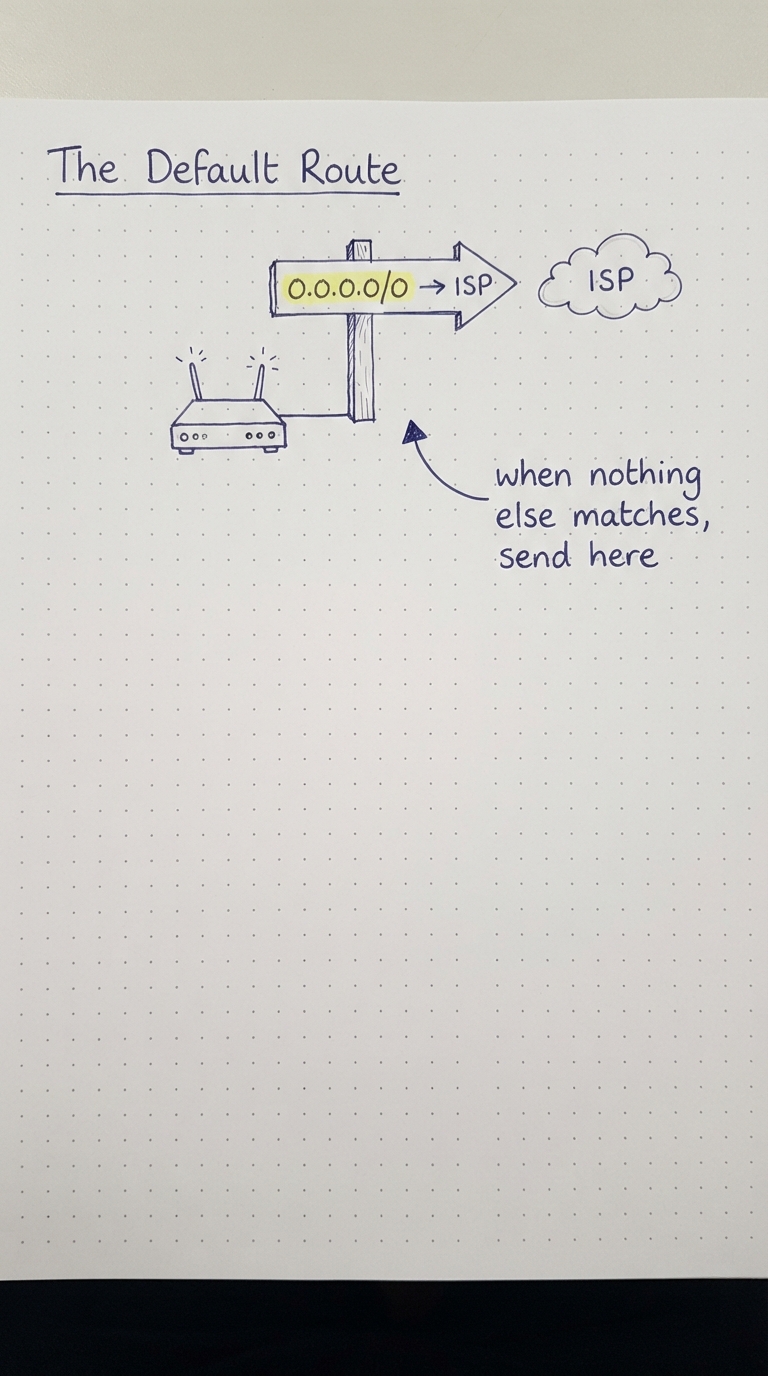 A signpost 0.0.0.0/0 pointing to the ISP for anything unmatched.