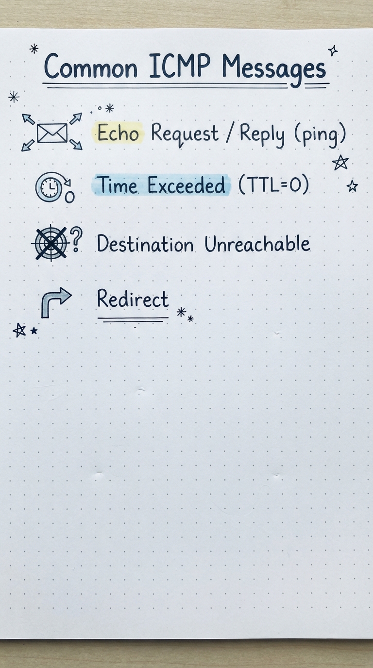 List of ICMP types: Echo, Time Exceeded, Destination Unreachable, Redirect.