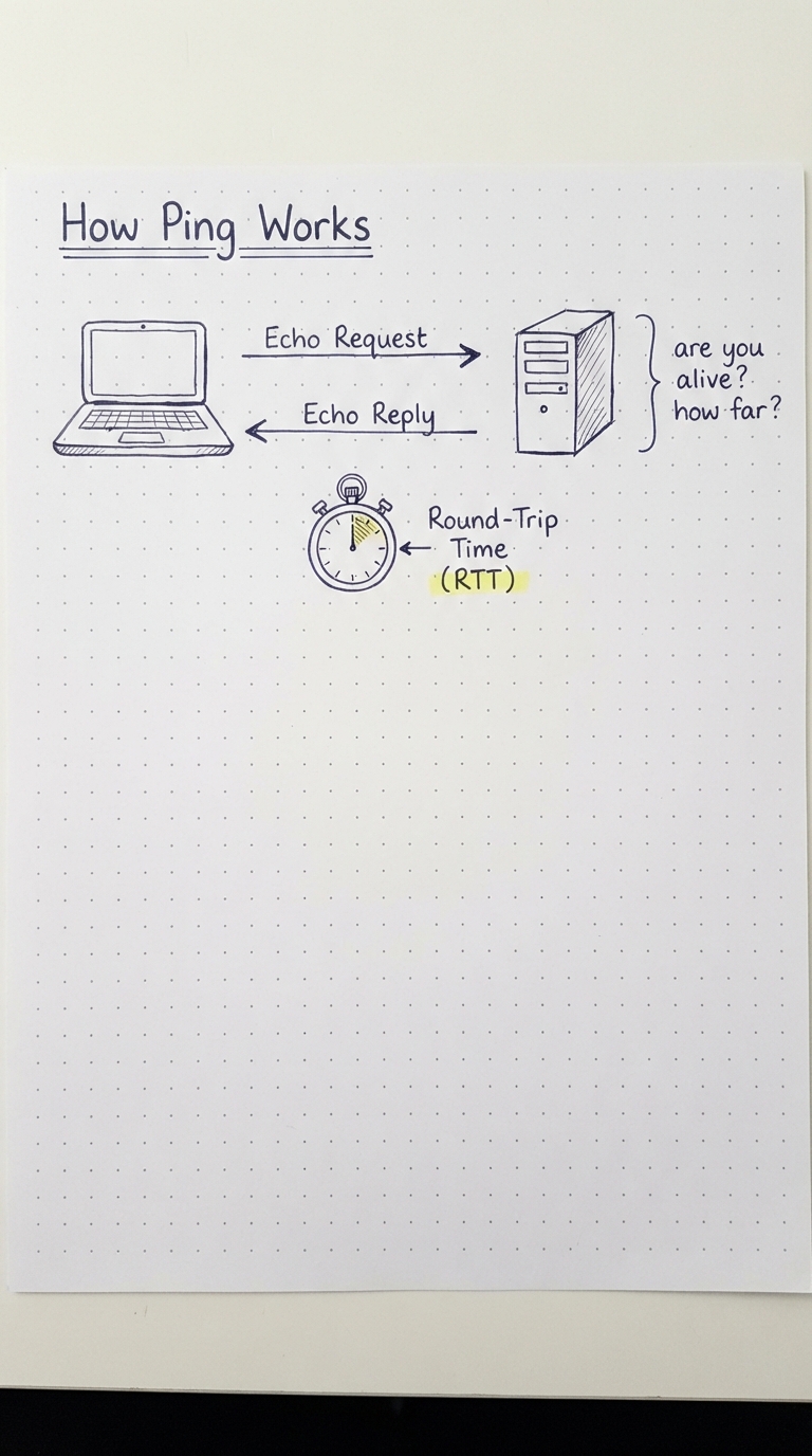 Laptop sends Echo Request, gets Echo Reply, measures round-trip time.