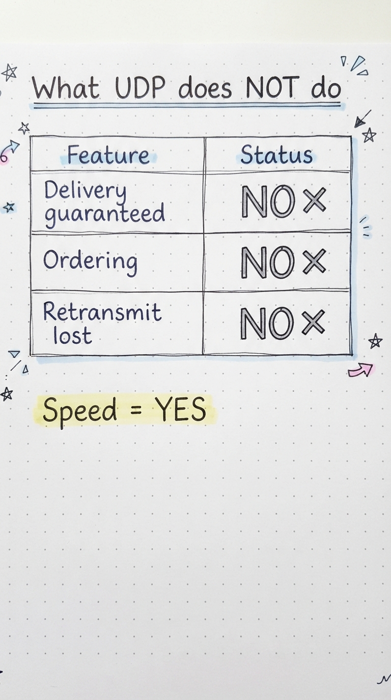 Table: delivery no, ordering no, retransmit no, speed yes.