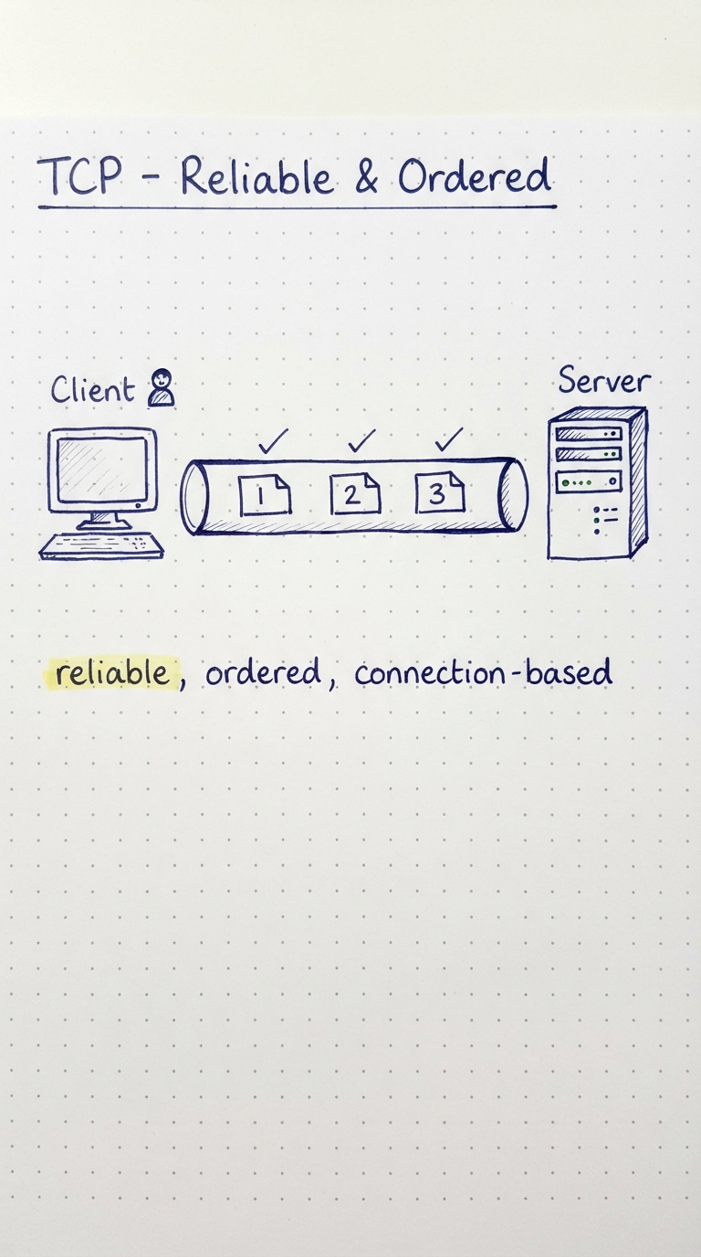 Client and server joined by a pipe; packets 1,2,3 arrive in order with ticks.