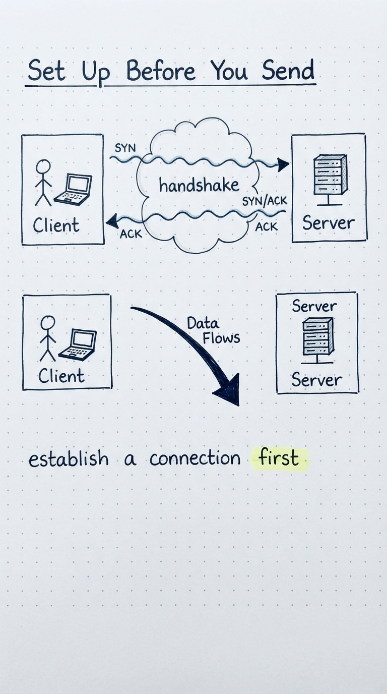 A handshake happens first, then data flows.