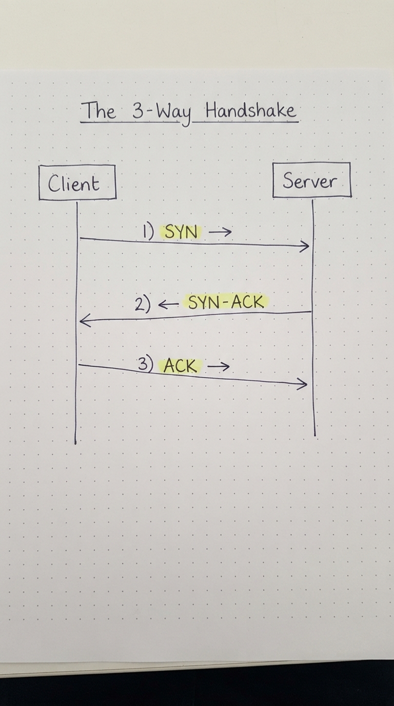 Sequence diagram: SYN, SYN-ACK, ACK between client and server.