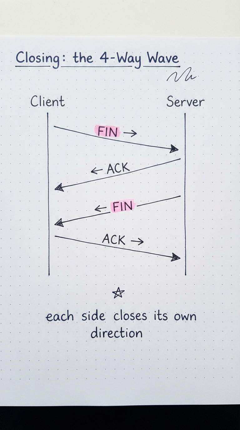 FIN, ACK, FIN, ACK four-way close.