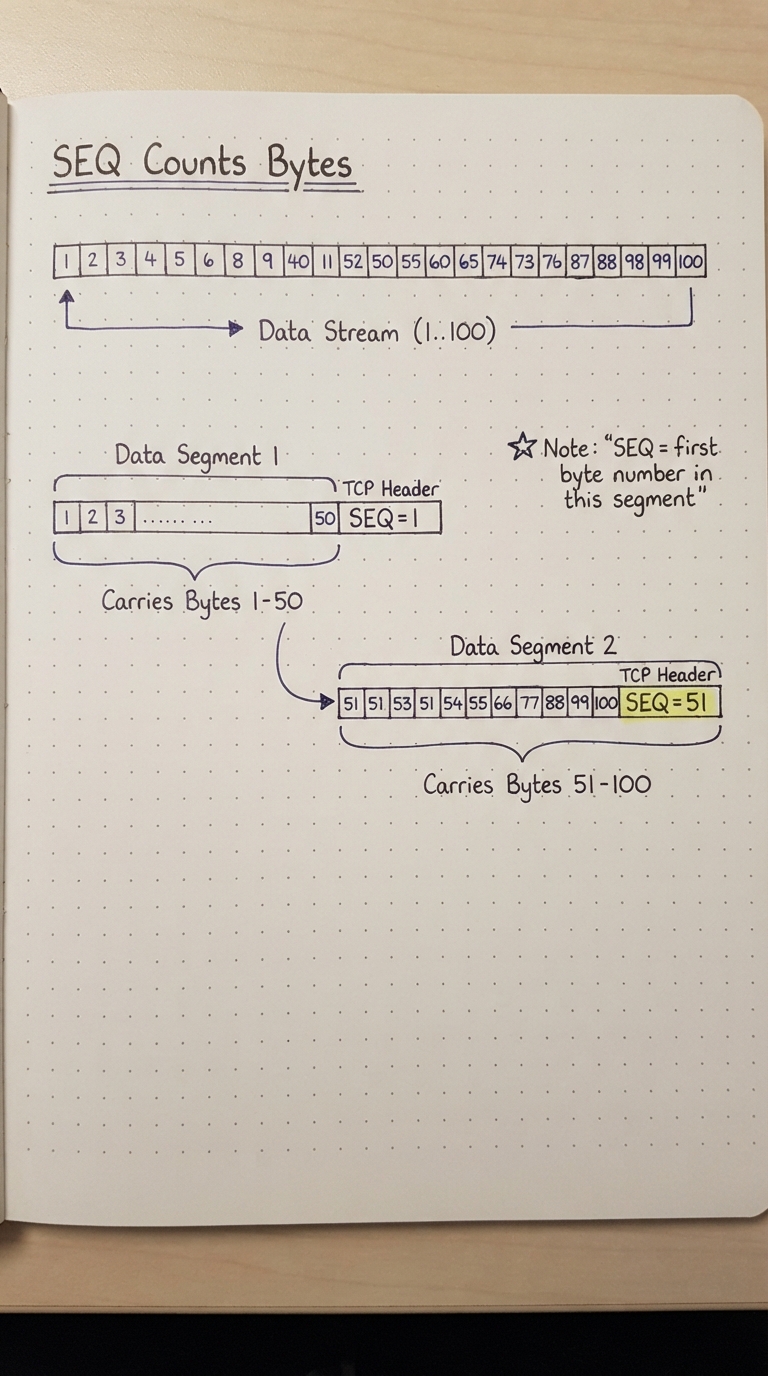A byte stream; a segment with bytes 1-50 tagged SEQ=1, the next SEQ=51.