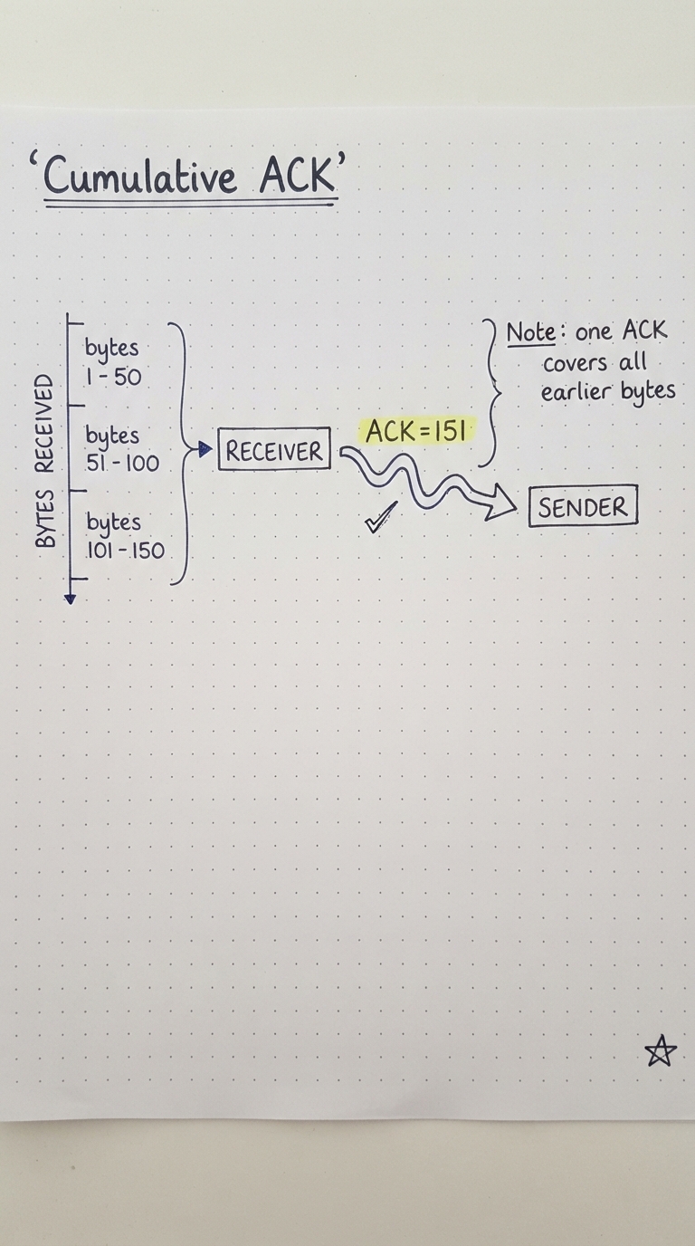 Bytes 1-150 received; a single ACK=151 confirms all of them.