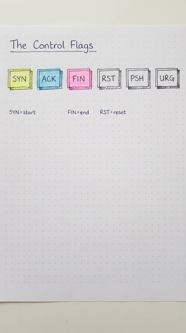 Flag bits: SYN, ACK, FIN, RST, PSH, URG.