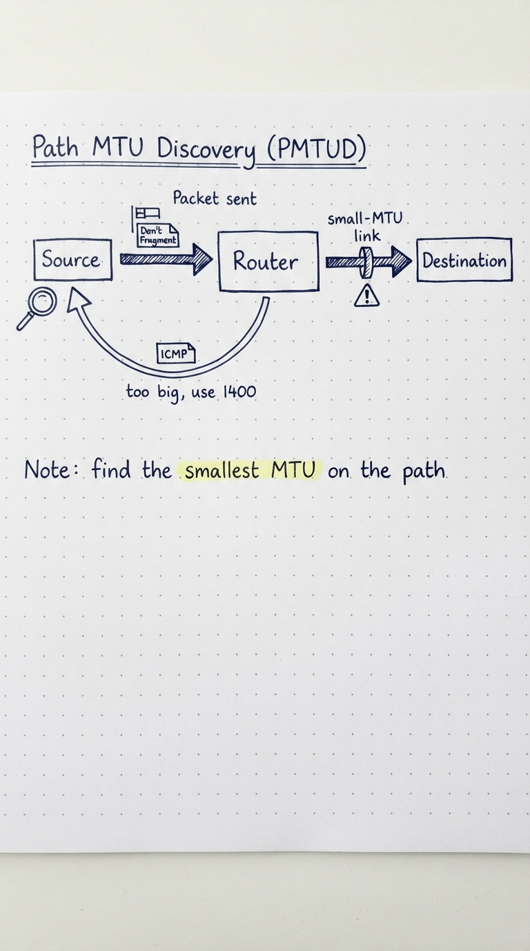 A DF-marked packet hitting a small link; router returns ICMP "too big".