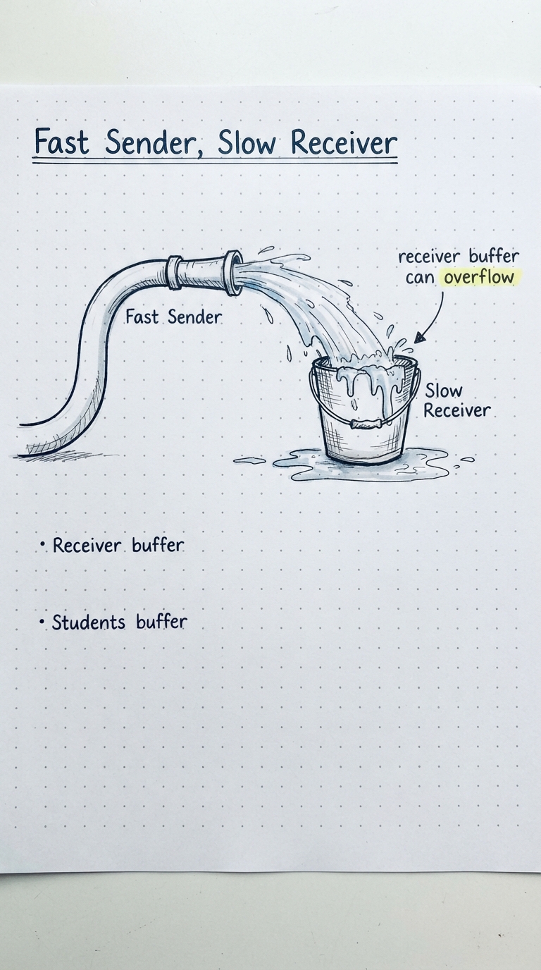 A fire-hose sender overflowing a small bucket receiver.