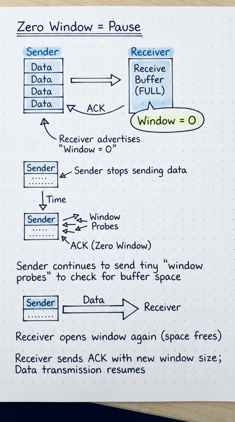 Receiver full advertising Window = 0; sender sends tiny probes.