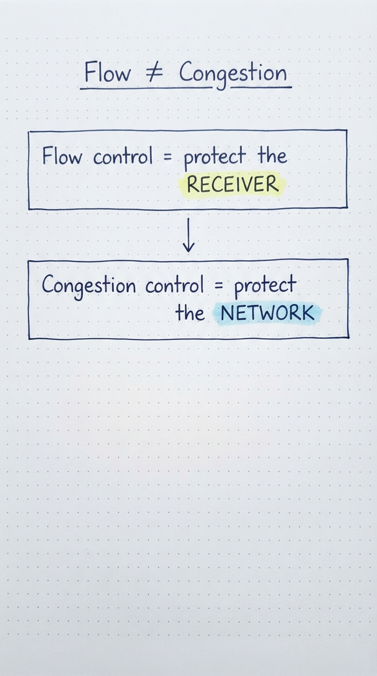 Flow control protects the receiver; congestion control protects the network.