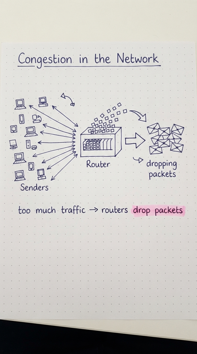 Many senders funnel into one overloaded router whose queue overflows and drops packets.