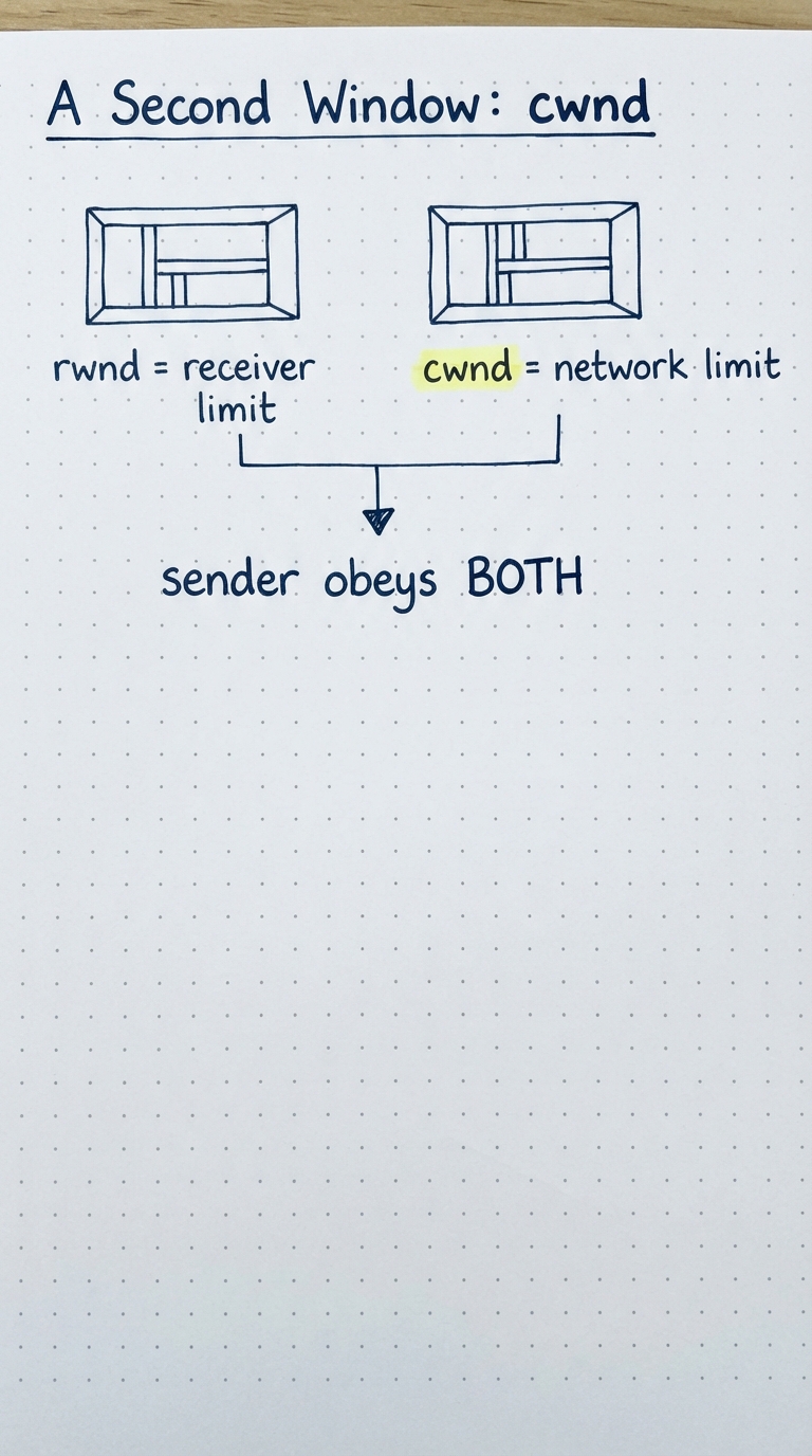 rwnd (receiver limit) next to cwnd (network limit); the sender obeys both.