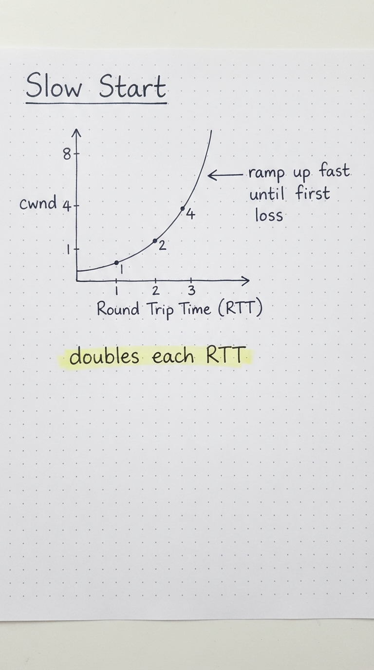 A graph where cwnd doubles each RTT: 1, 2, 4, 8.
