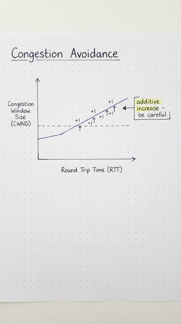 After a threshold, cwnd rises slowly by +1 per RTT.