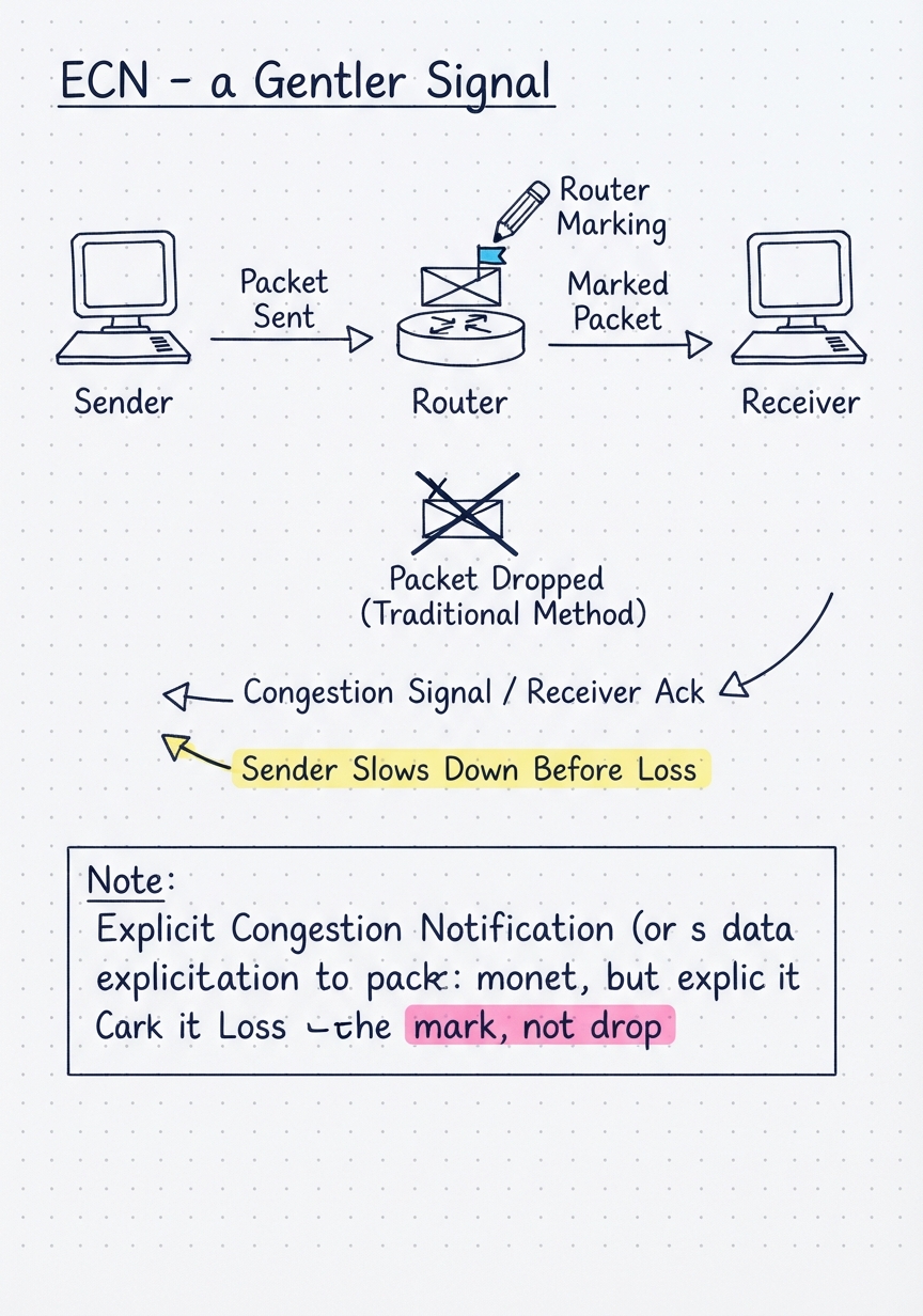 A router marks a packet instead of dropping it, so the sender slows before loss.