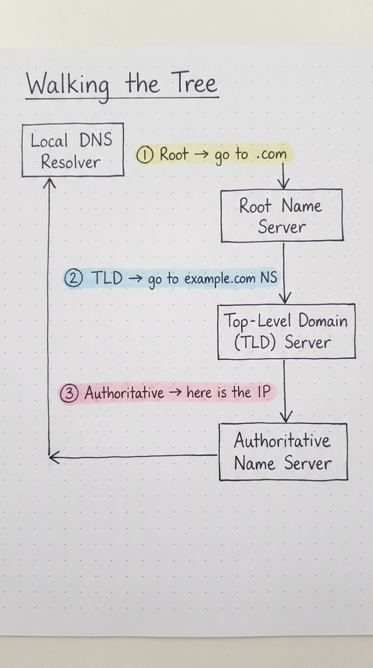 Resolver asks Root, then TLD, then authoritative to get the IP.
