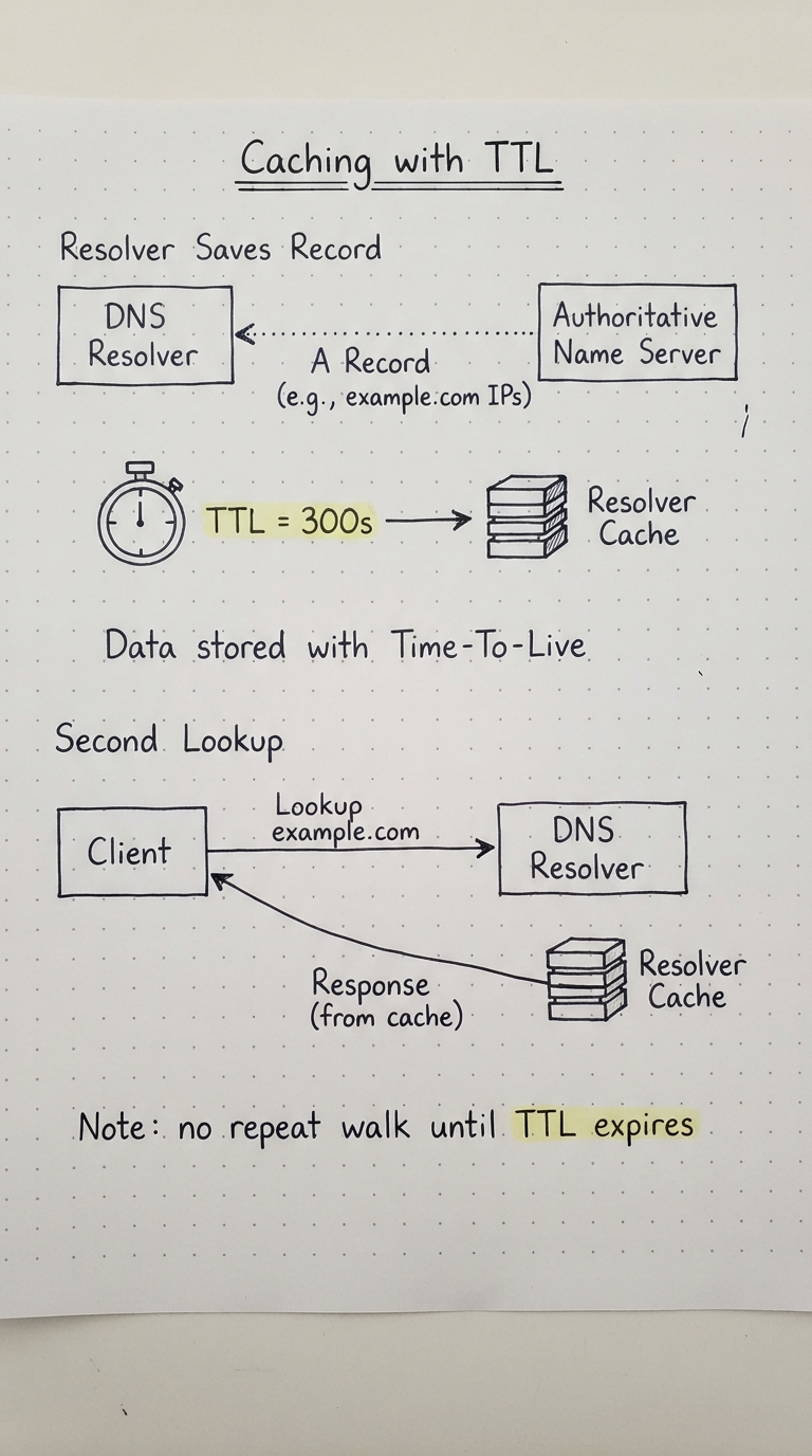 A resolver caches a record with TTL 300s; a repeat lookup is instant.