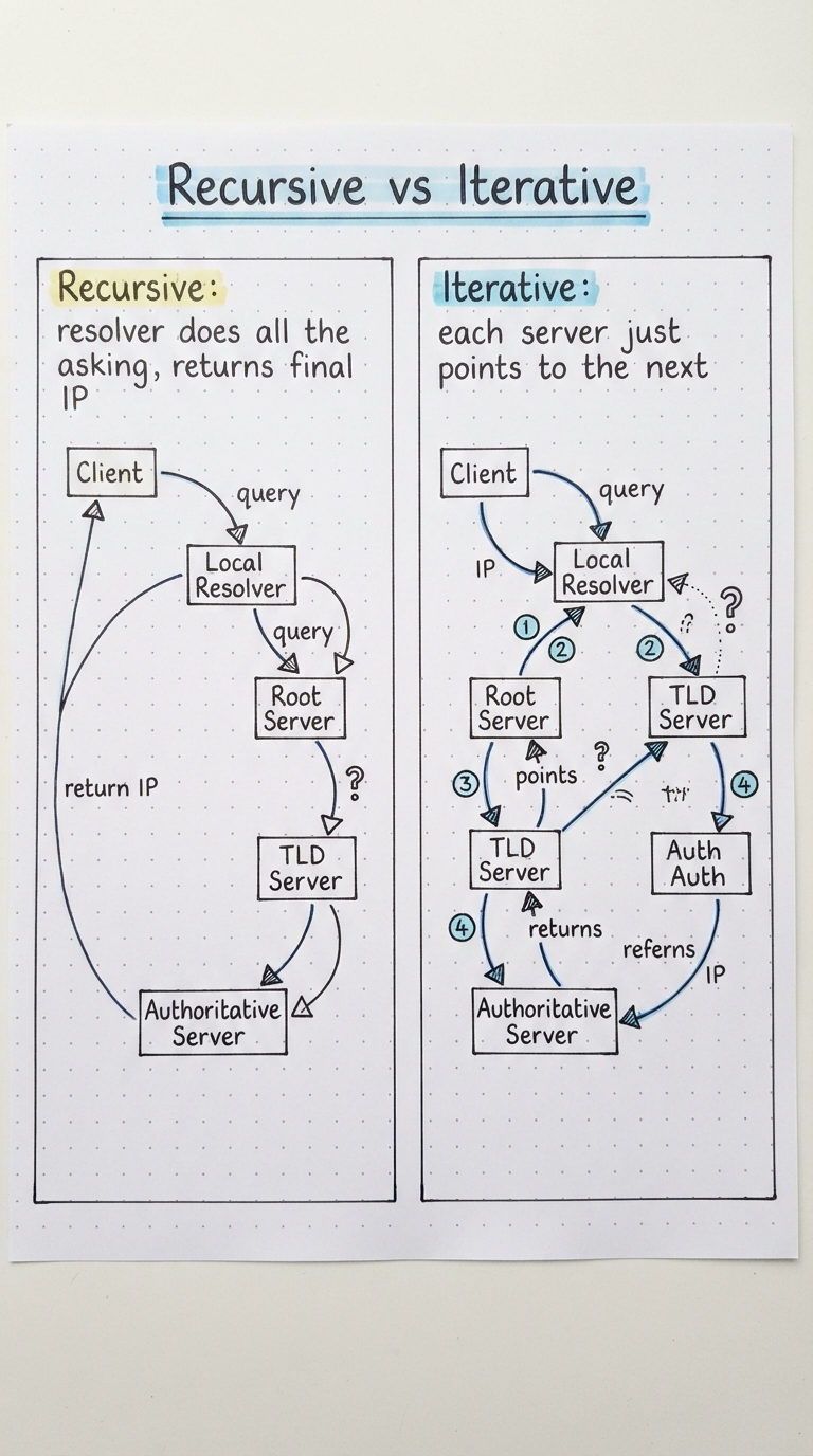 Recursive: resolver does all the work; iterative: each server points to the next.