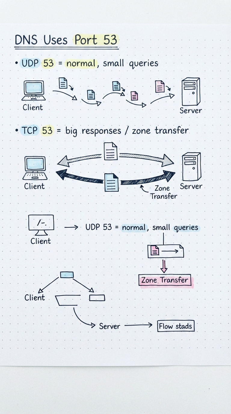 DNS on port 53: UDP for normal queries, TCP for large responses/zone transfers.