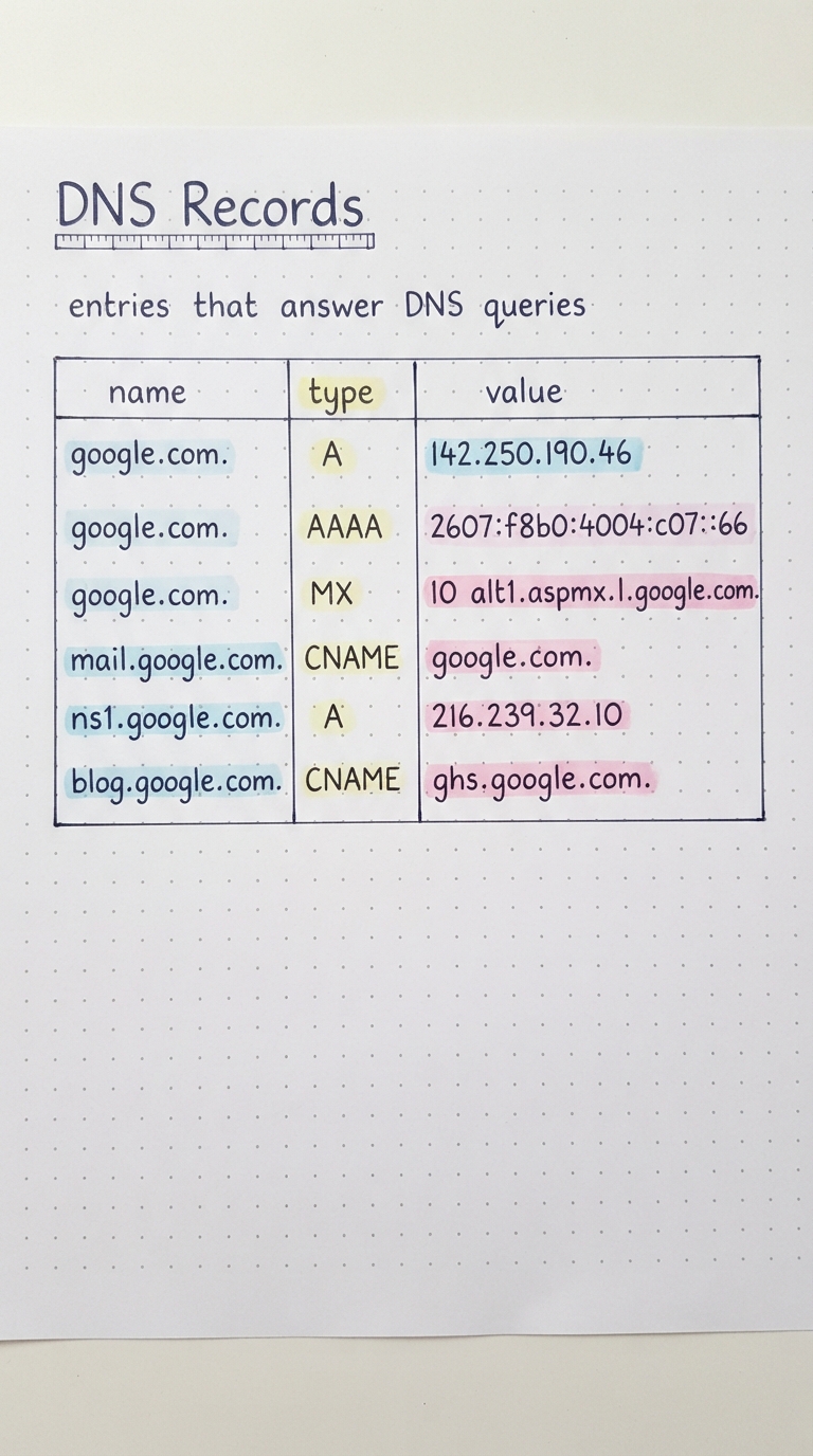 A zone-file card with name, type and value columns.