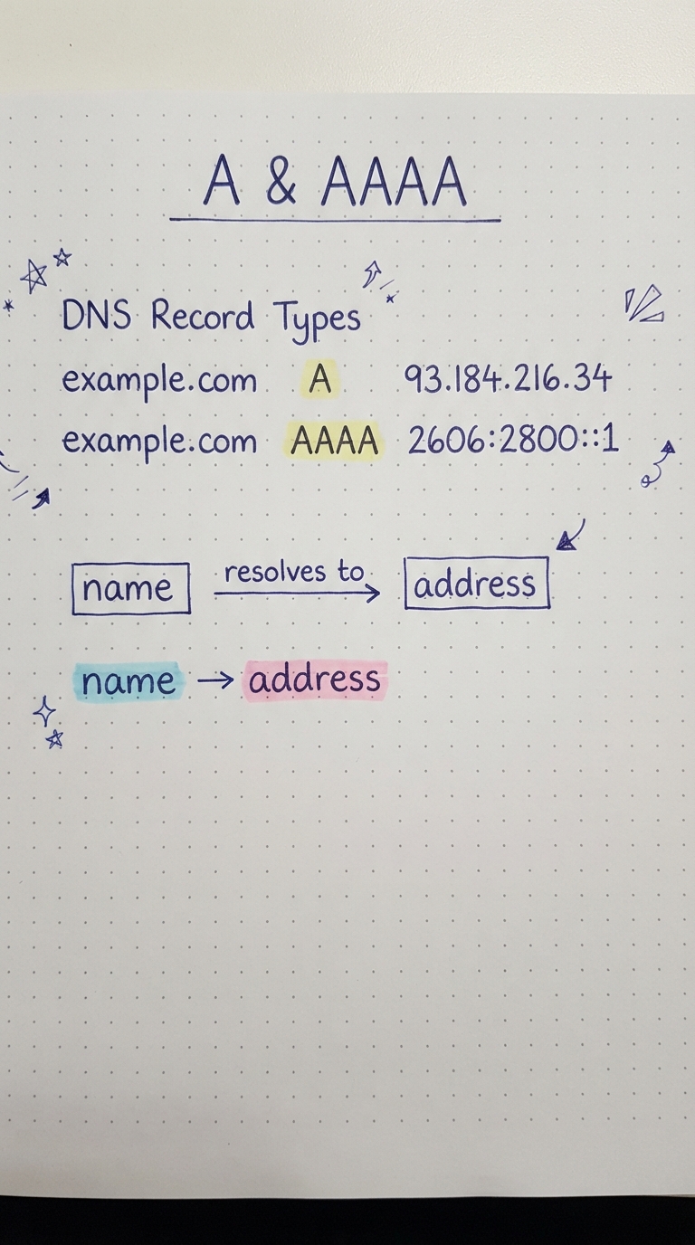 example.com A 93.184.216.34 and AAAA 2606:2800::1.