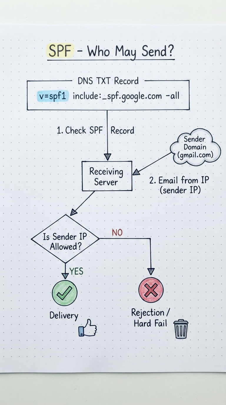 A TXT SPF record; the receiver checks whether the sending IP is authorized.