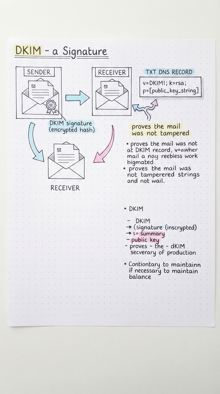 An email signed cryptographically; the receiver verifies with a public key from a TXT record.