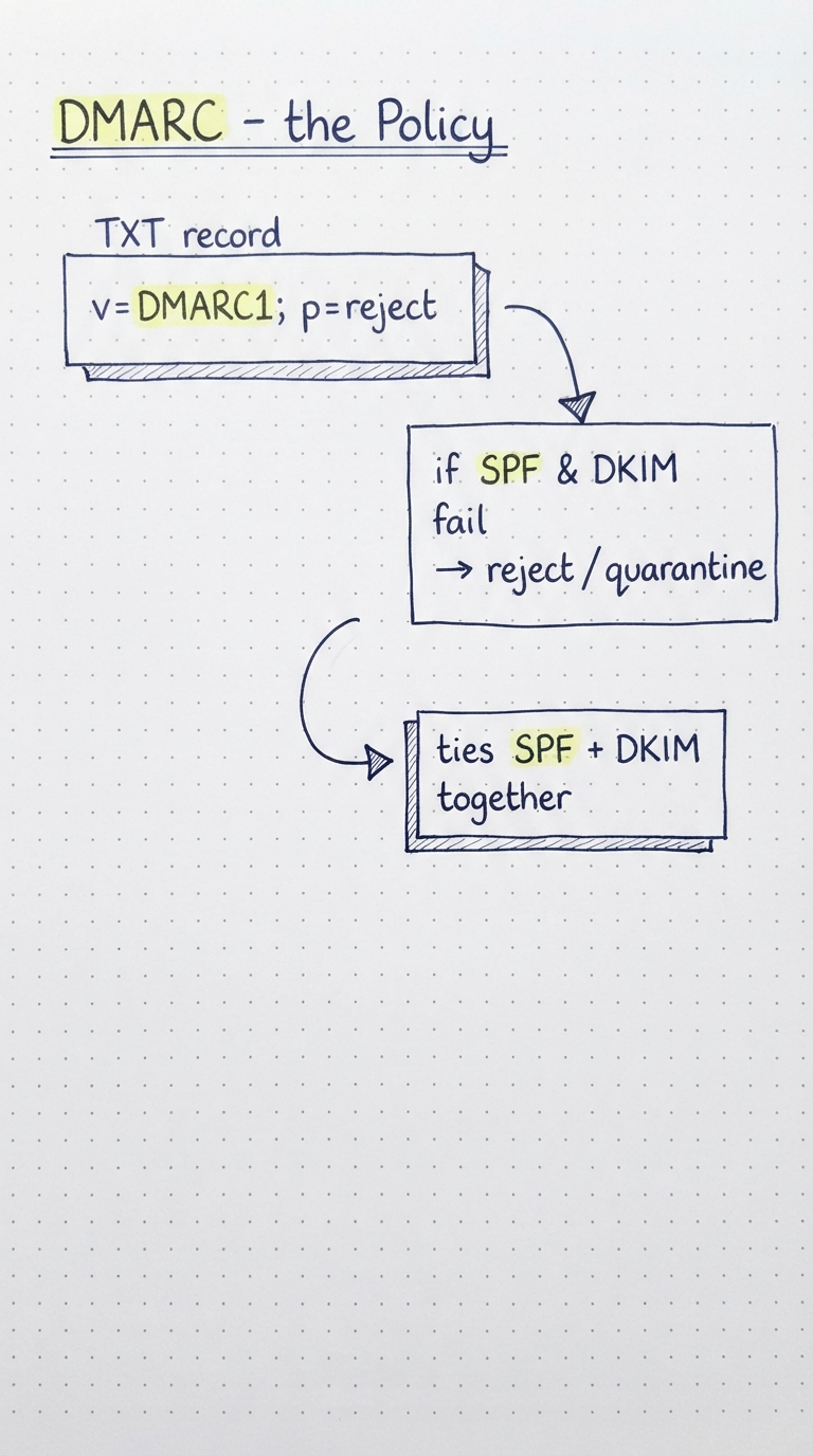 A DMARC TXT record with policy p=reject tying SPF and DKIM together.