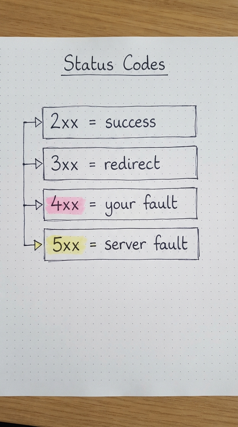 2xx success, 3xx redirect, 4xx client error, 5xx server error.