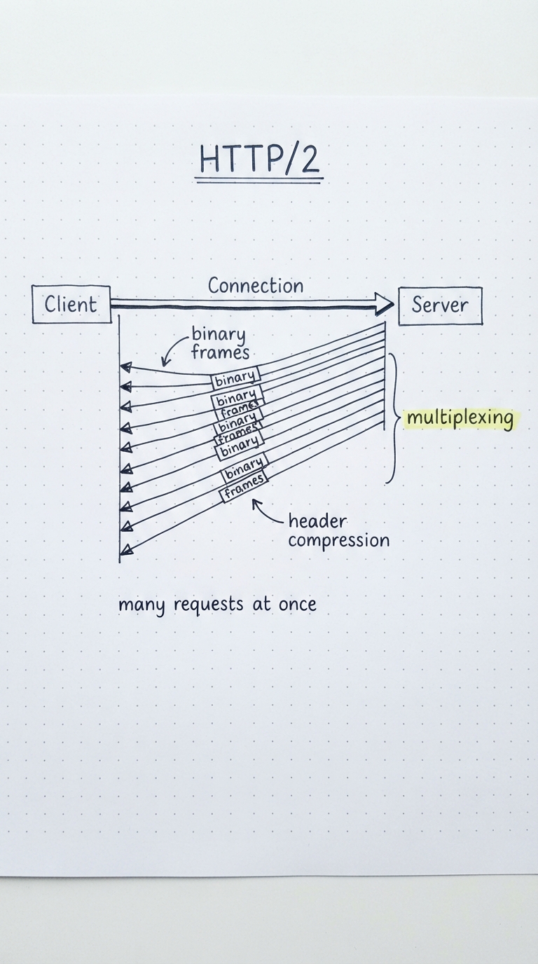 One connection carrying many multiplexed streams, binary framing, header compression.