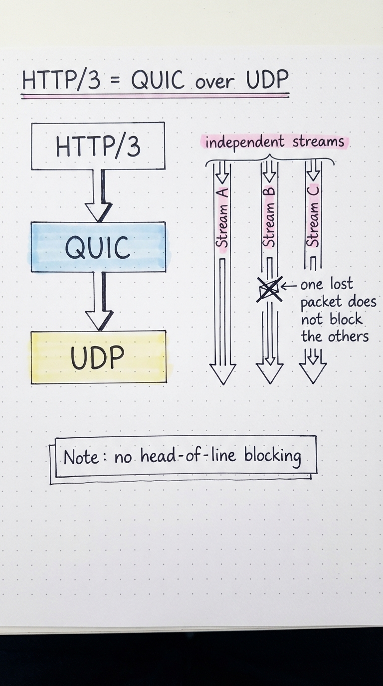 HTTP/3 over QUIC over UDP, with independent streams and no head-of-line blocking.