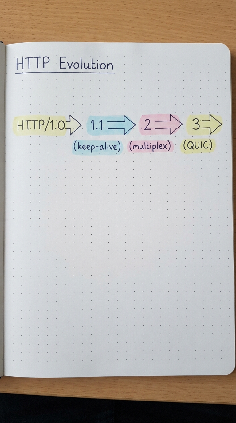 Timeline HTTP/1.0 → 1.1 → 2 → 3 (QUIC).