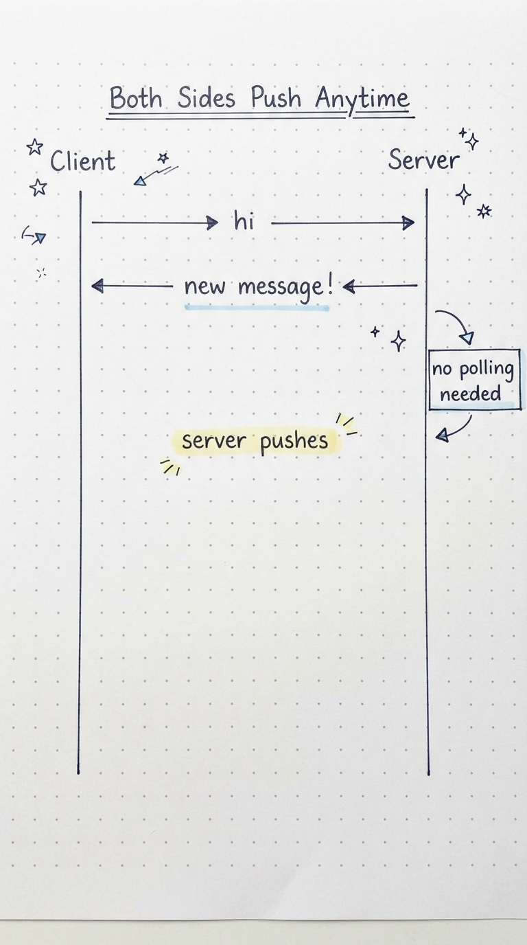 A chat where the server pushes a new message without being asked.