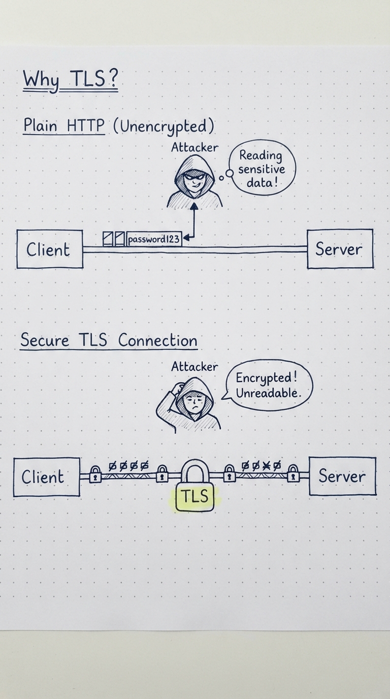 An attacker reading a plain HTTP wire, then a padlock making it unreadable.
