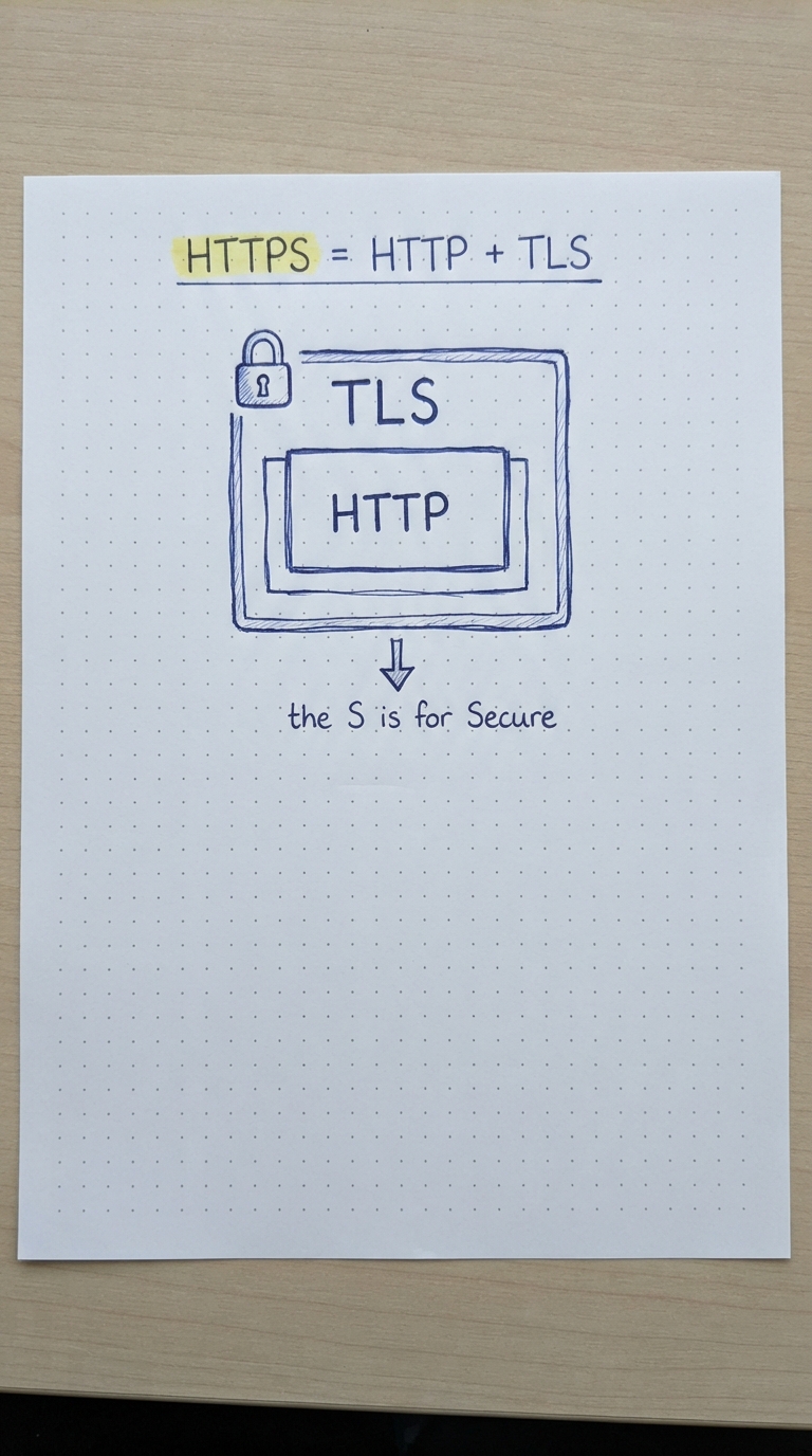 An HTTP box wrapped inside a padlocked TLS box.