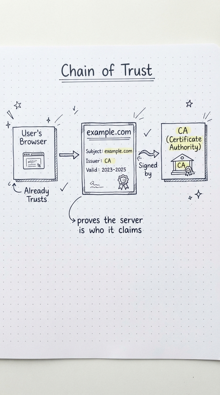 A certificate for example.com signed by a CA the browser trusts.