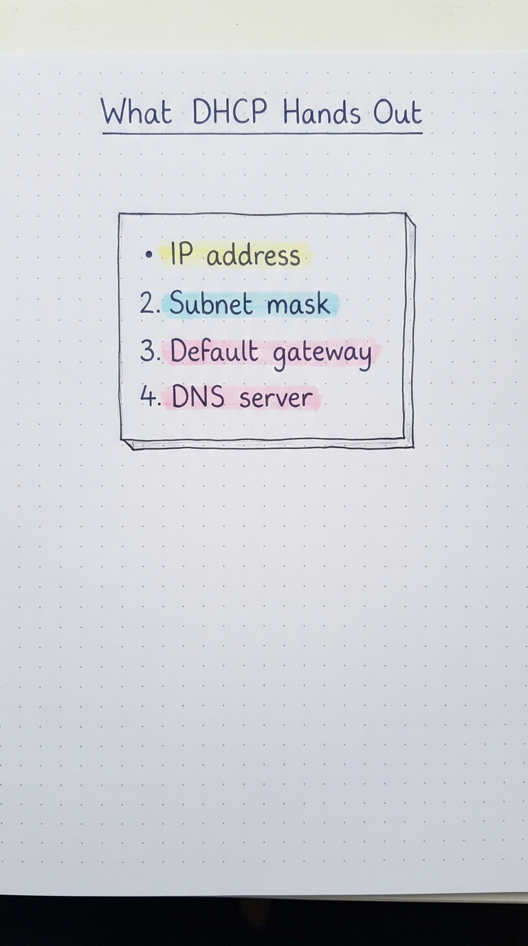 A card listing IP, subnet mask, default gateway, DNS server.