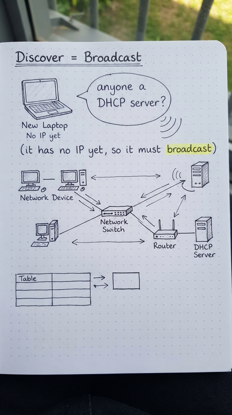 A new laptop broadcasting to the whole network to find a DHCP server.