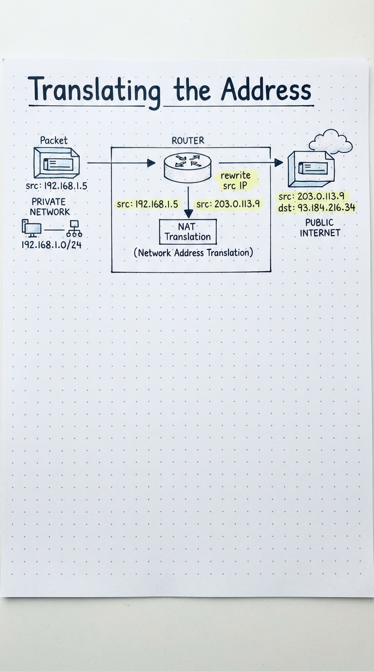 A router rewriting a packet’s source from a private IP to the public IP.