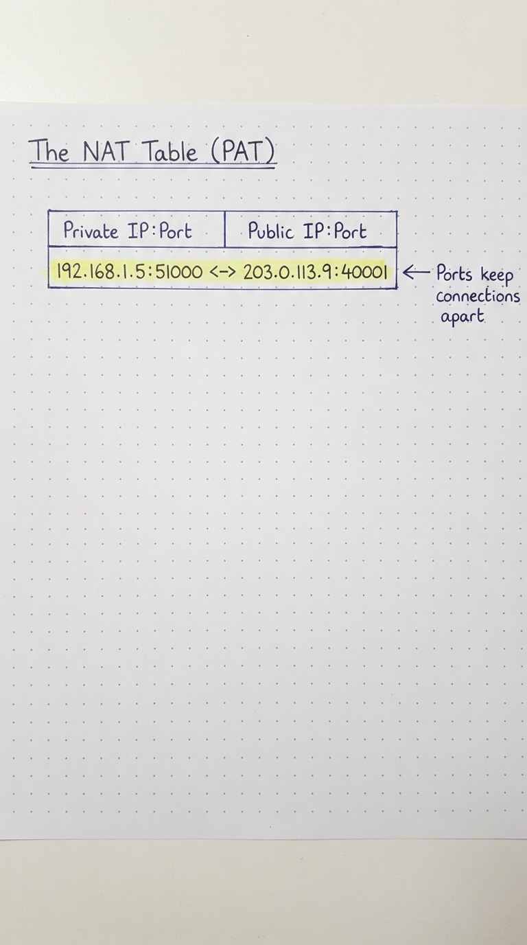 A NAT table mapping private IP:port to public IP:port.
