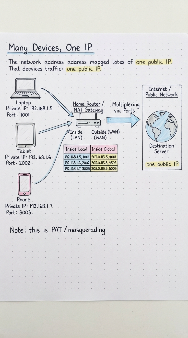 Three devices with different private IPs sharing one public IP via different ports.