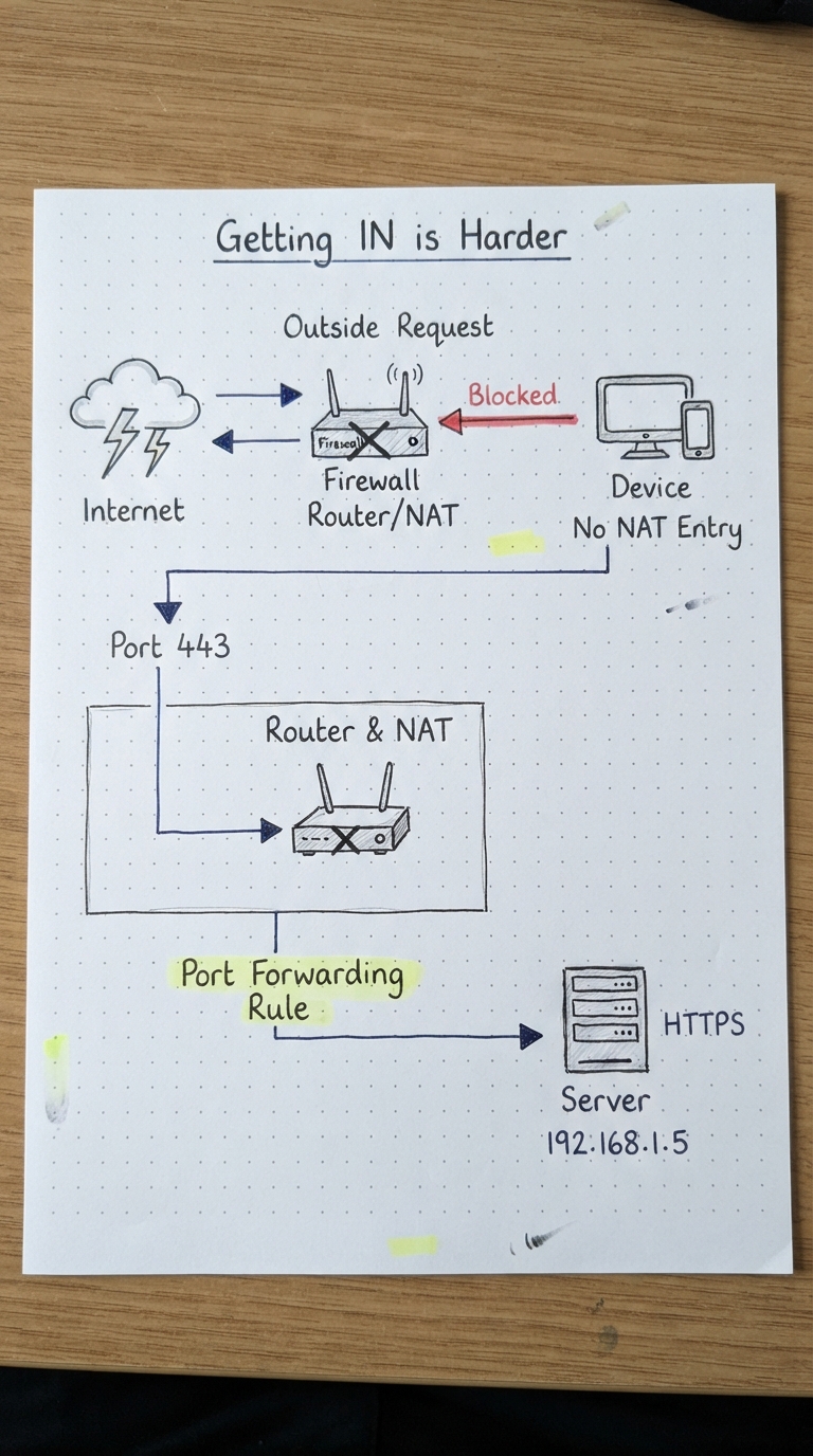 An unsolicited inbound request blocked; a port-forwarding rule directs 443 to an internal host.