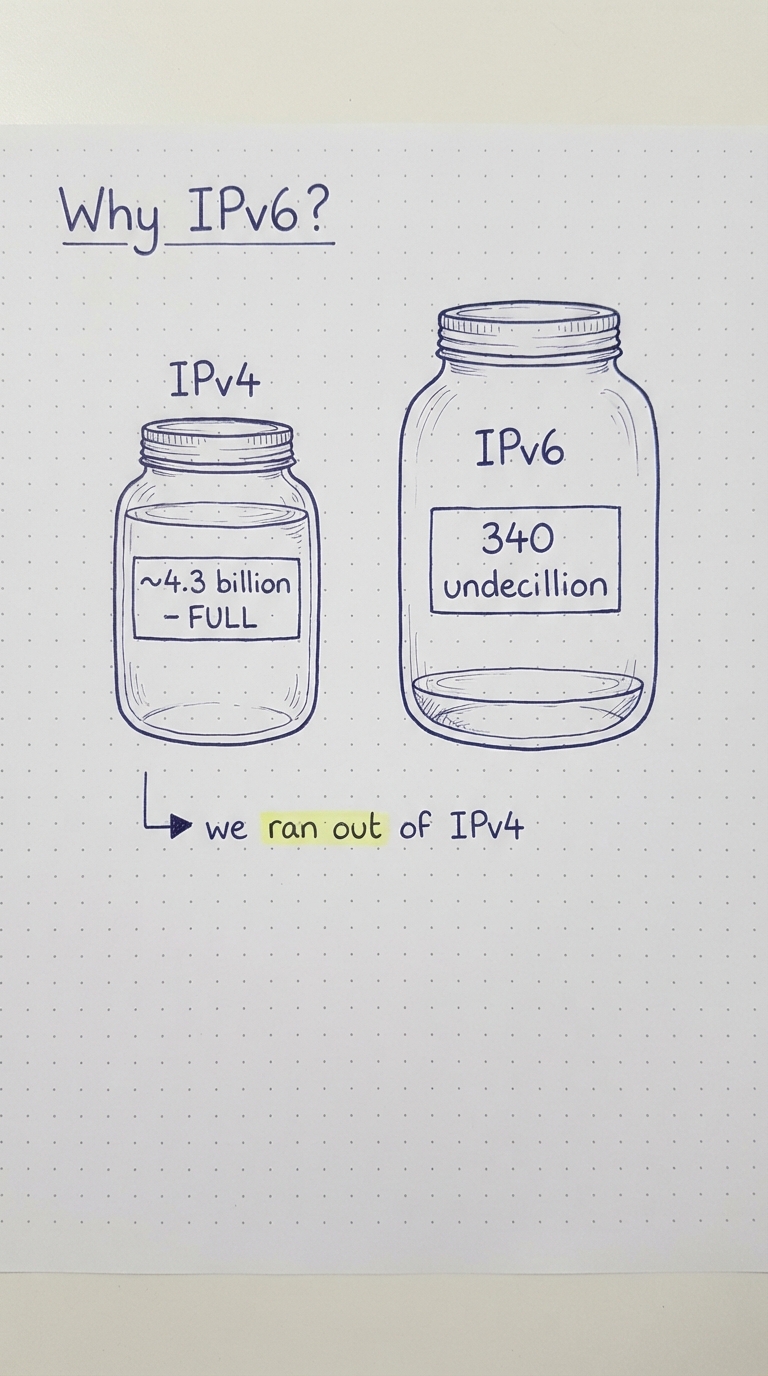 A full IPv4 jar next to a giant IPv6 jar.