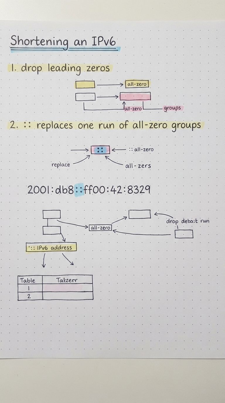 Drop leading zeros; :: replaces a run of zero groups.