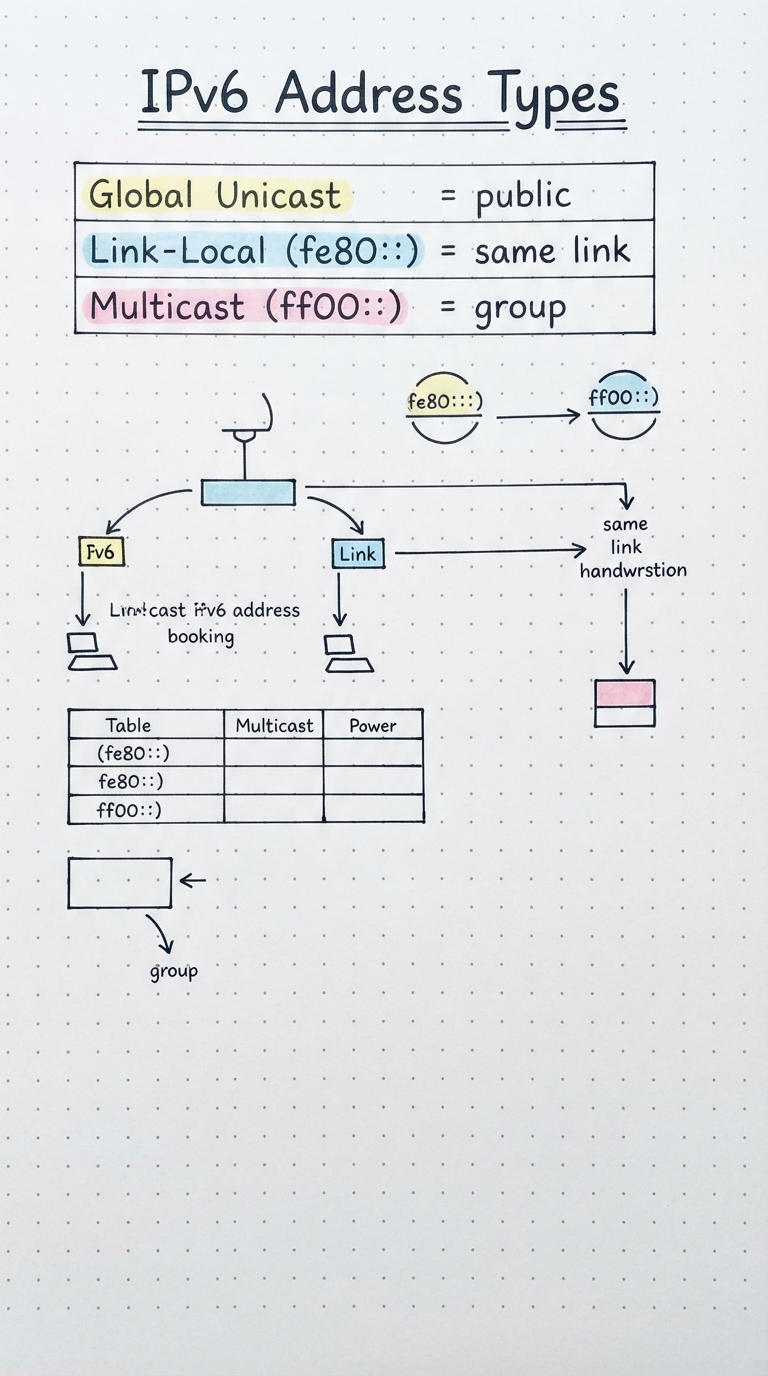 Global unicast, link-local (fe80::), multicast (ff00::).